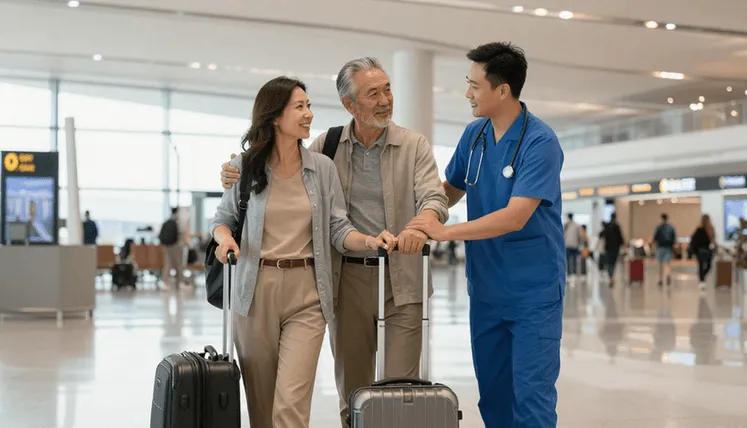 Holiday care service showing elderly person enjoying vacation