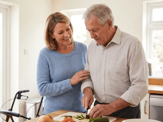 Care worker supporting an older adult at home